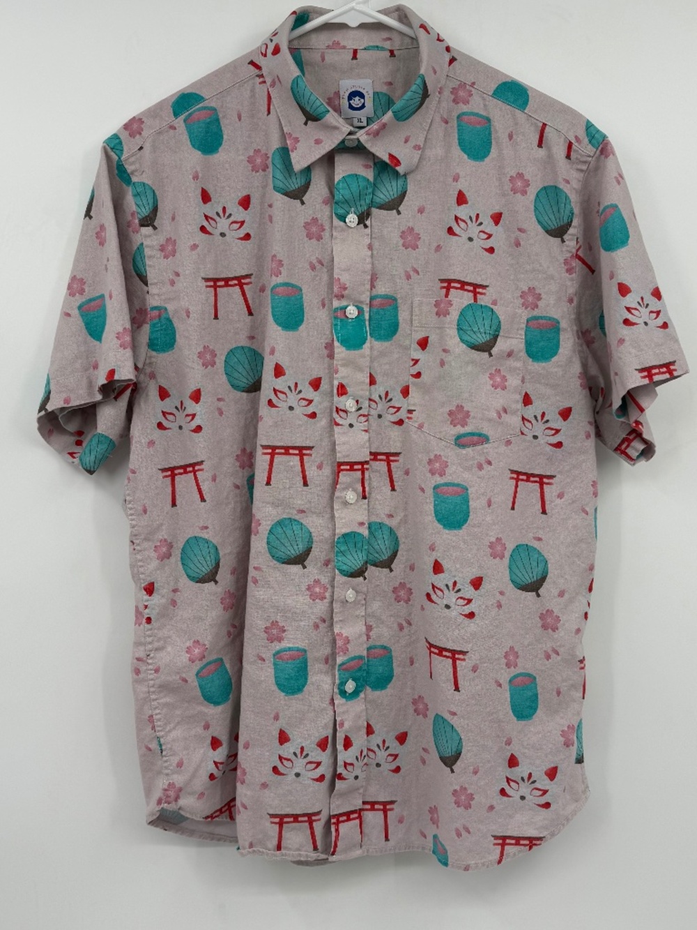 From Studio Kay Top Women XL Pink Ghibli In Bloom Button Up Short Sleeve Linen